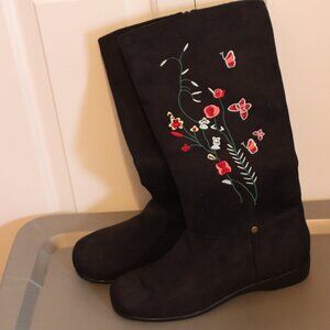 Black Embroidered Tall Boots Size 12 Man Made Materials Side Zip Cozy Colorful